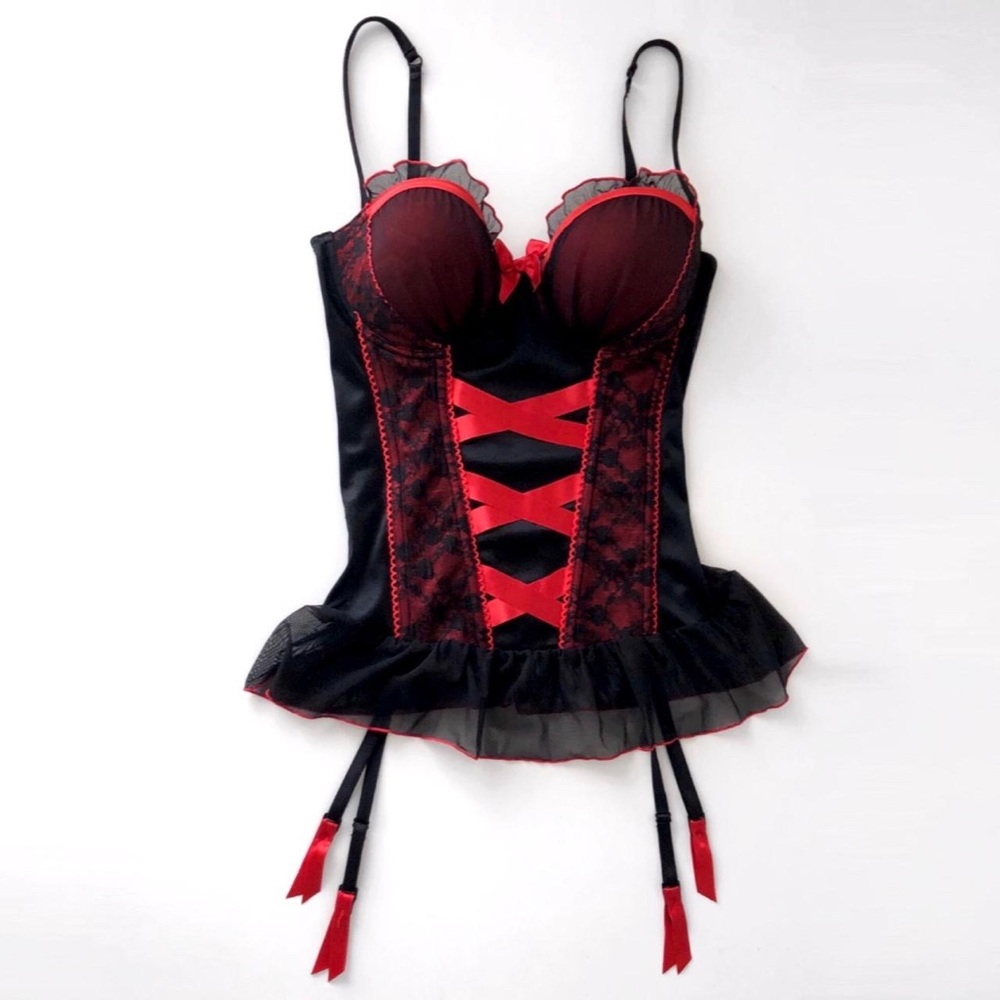Hanky Panky red & black mesh lace corset, size 12D/DD - Picture 1 of 4
